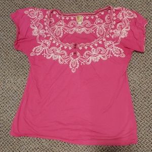 pink wide neck t shirt with white embroidery
